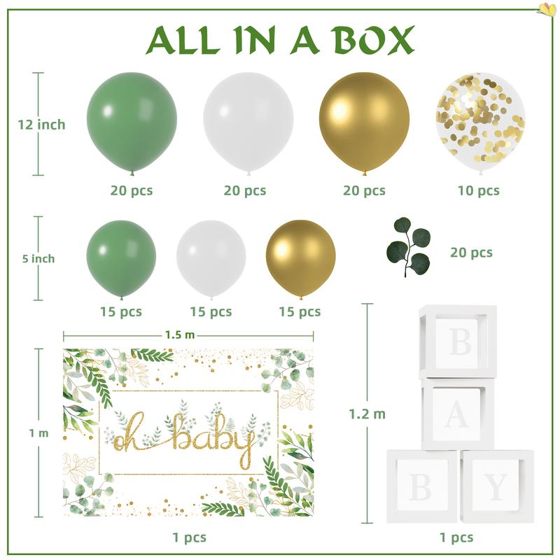 140 PCS Baby Shower Decoration Pack With Sage Green Balloons Garland, 59*40 Inches Oh Baby Backdrop, Baby Balloons Boxes, Eucalyptus Leaves