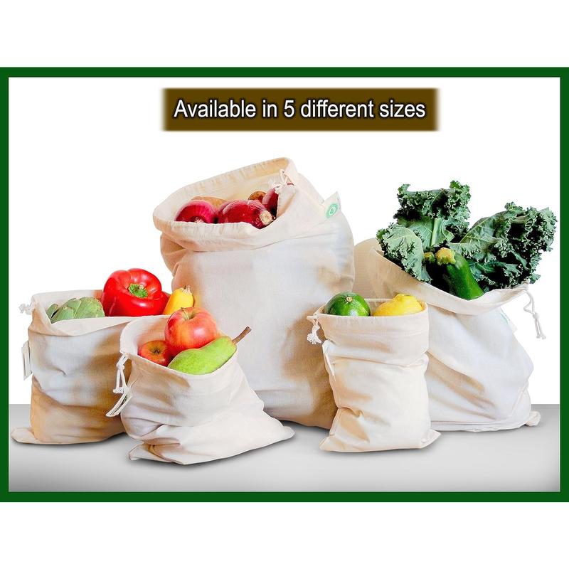 Reusable Produce Bags Cotton Washable - Organic Cotton Vegetable Bags - Cloth Bag with Drawstring - Muslin Cotton Fabric Produce Bags - Bread Bag - Set of 6 (2 Large, 2 Medium, 2 Small)