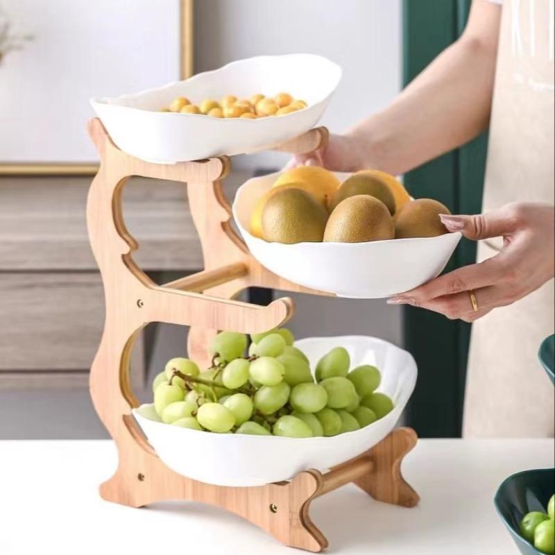 Fruit Basket with Natural Bamboo Stand, 1 Count 3-layer 2-layer Modern Durable Fruit Basket, Tableware Rest for Home Kitchen Dining Room