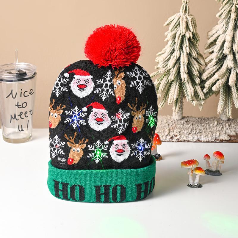 LED Light Up Christmas Pattern Knit Hat, 1 Count Unisex Winter Beanie Hat with Pom Pom, Festive & Party Supplies for Holiday Party