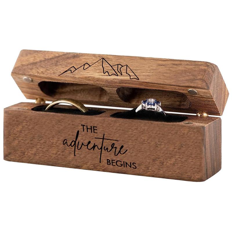 Wood Ring Box for Wedding Ceremony-Engagement Wooden Ring Bearer Box Wedding Accessories,Ring Boxes for Two Rings Case,Rustic Keepsake Engraved Wedding Ring Holder Gift