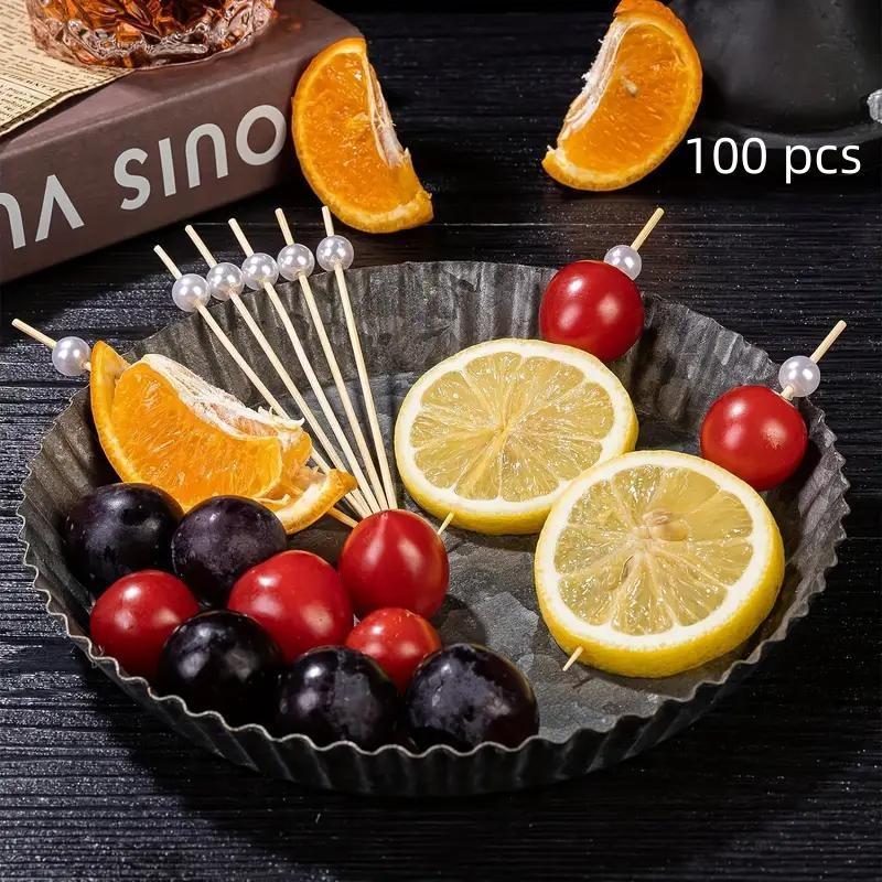 Bamboo Fruit Stick (100pcs), Faux Pearl Decor Cocktail Stick, Party Dessert Stick, Disposable Food Stick for Party, Festive & Party Supplies