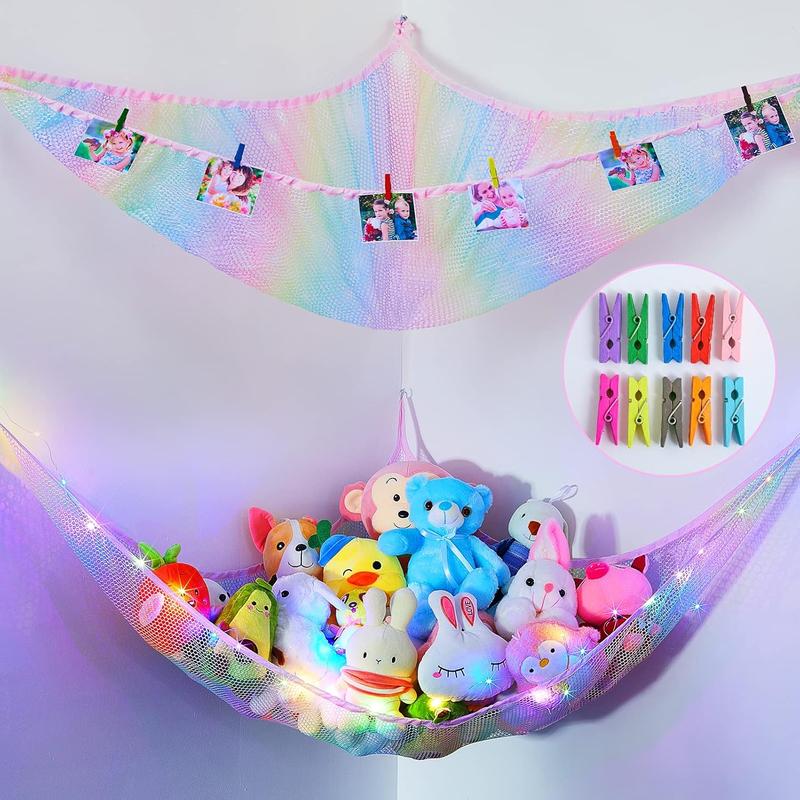 Stuffed  Net or Hammock, Stuffed  Storage Holder  Hammock Organizer Hanging with LED Light Photo Clips for  Play Room  Bedroom Pack of 2, Rainbow