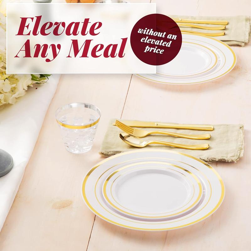 600 Pc Disposable Dinnerware Set for 100 Guests - Gold - Reusable Party Supplies Set incl. 100 of Dinner Plates, Salad Plates, Knives, Forks, Spoons and Cups, Wedding Reception Supplies