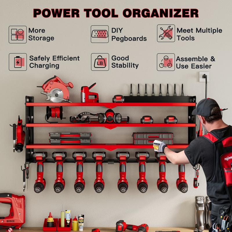 NattyDot Power Tool Organizer Wall Mount with Charging Station,Creator Recommendation Tool Rack, Cordless Tool Organizer 8 Drill Holder, 4 Layer Storage Rack for Garage Organization,Tool Holder with 8 Outlet Power Strip