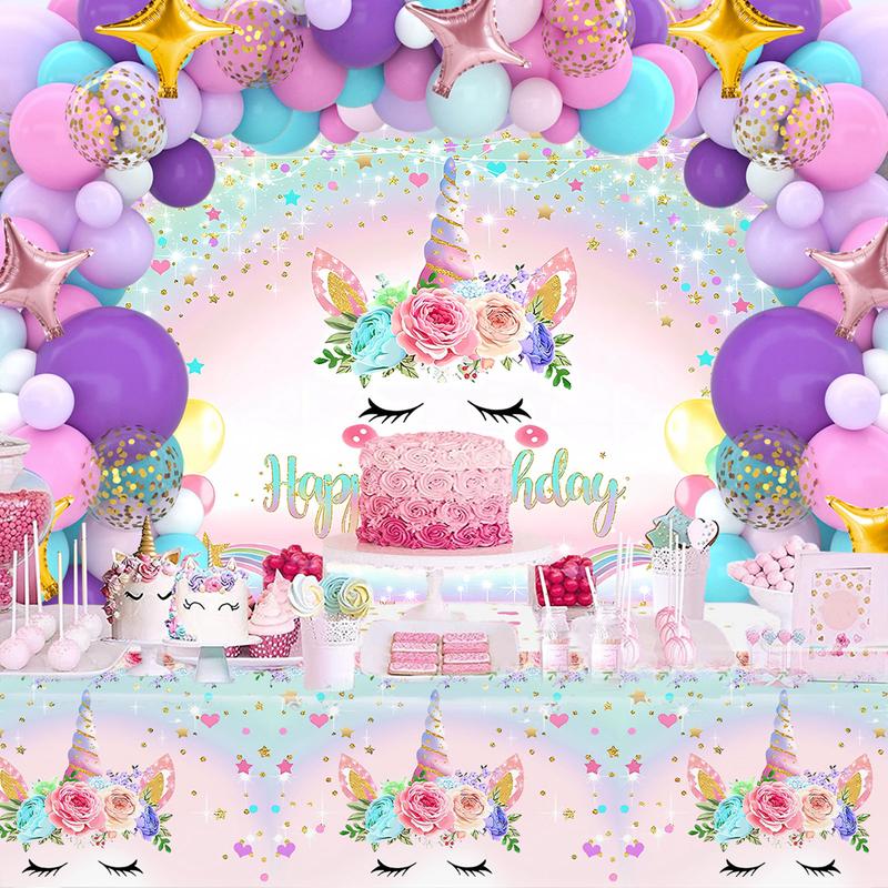 Unicorn Balloon Backdrop Tablecloth Set,118pcs Latex Balloon Unicorn Theme Happy Birthday Backdrop Tablecloth, Girls Women Birthday Party Decor