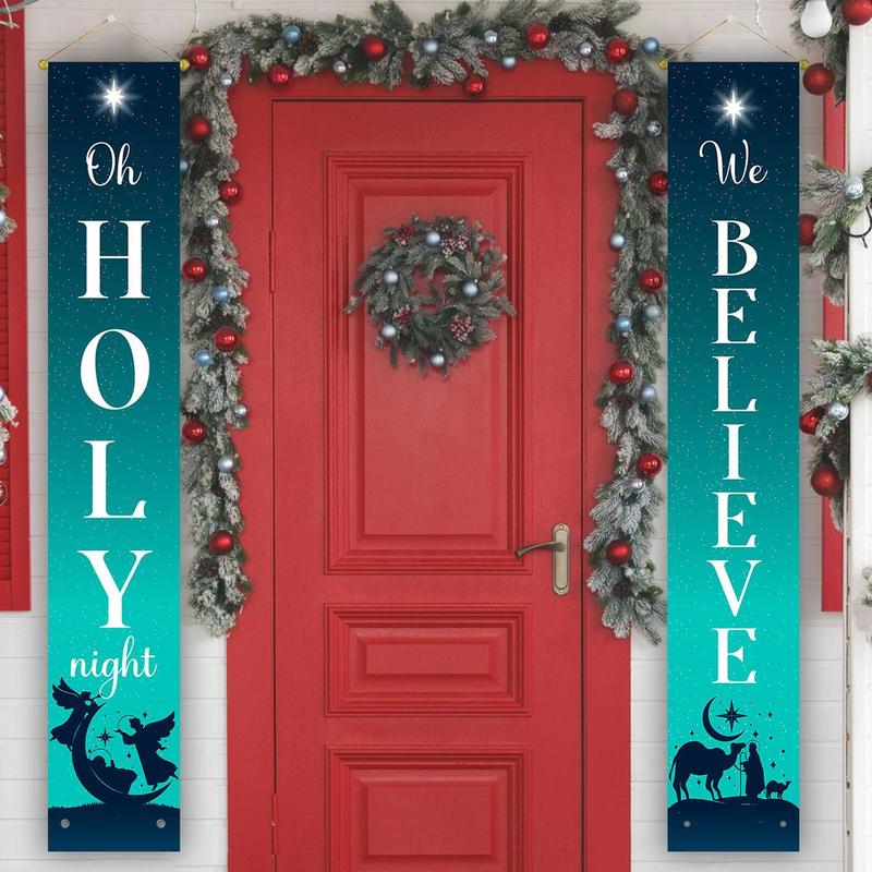 Merry Christmas Door Porch Banner, 1 Pair Holy Night Nativity Scene Hanging Porch Sign, Creative New Year Winter Home Wall Front Door Banners