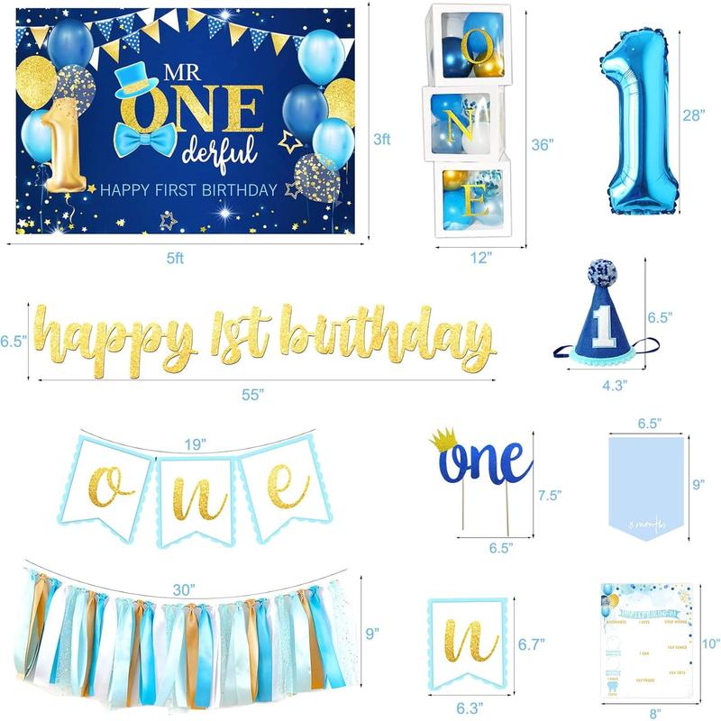 Baby Boy 1st Birthday Decorations Supplies, 1st Birthday Boy Decorations, Baby First Birthday Decorations for Boy, First Birthday Balloon Boxes, Backdrop, High Chair Banner, Crown, Photo Banner