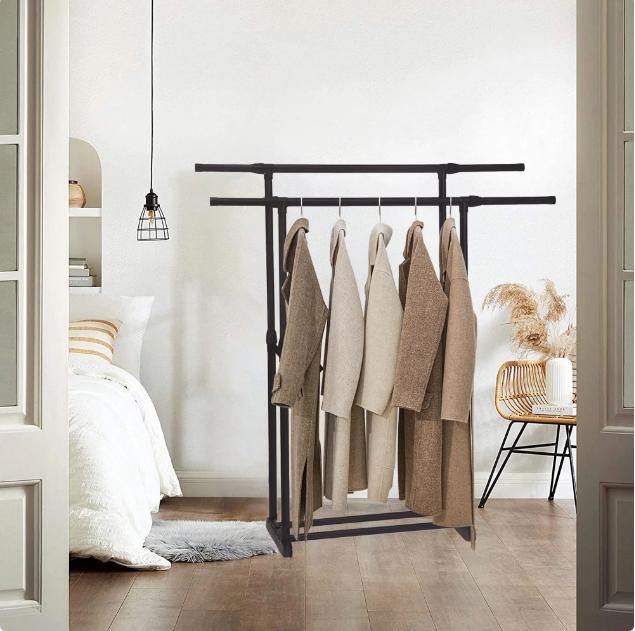 Double Rod Adjustable Rolling Clothes Rack with Lower Storage - High Quality Steel, Perfect for Laundry Rooms and Bedrooms