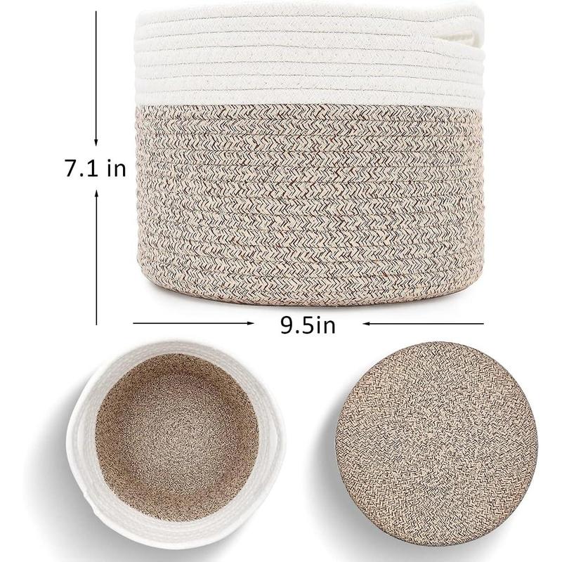 Small Rope Basket Round Woven Basket With Handle 9.5x9.5x7.1 in Cute Cotton Nursery Shelf Storage Basket Stitching Brown Beige Mixed Design Style 8.2L