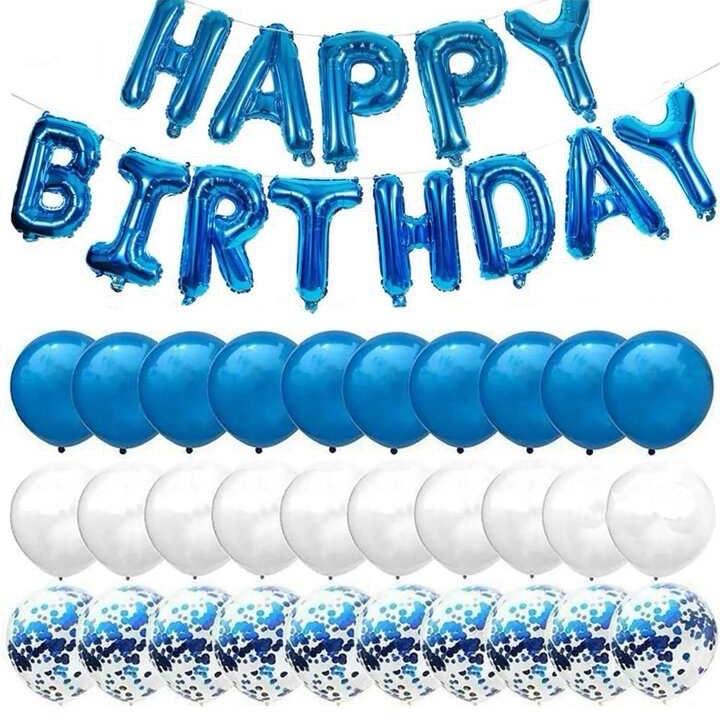 43Pcs Happy Birthday Balloons Set - Blue Foil Letter Balloon 16inch, 12inch Confetti Latex Balloon - Birthday Party Decorations