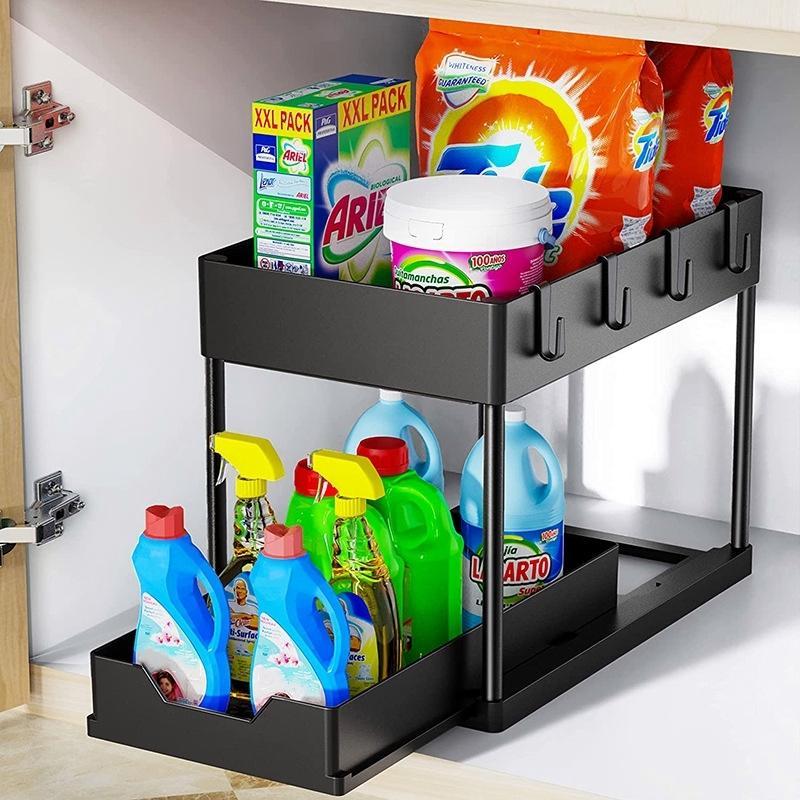 Under Sink Organizer, 1 Count 2-tier Large Capacity Sliding Cabinet Basket Organizer with Hooks, Multi-purpose Under Sink Storage Rack