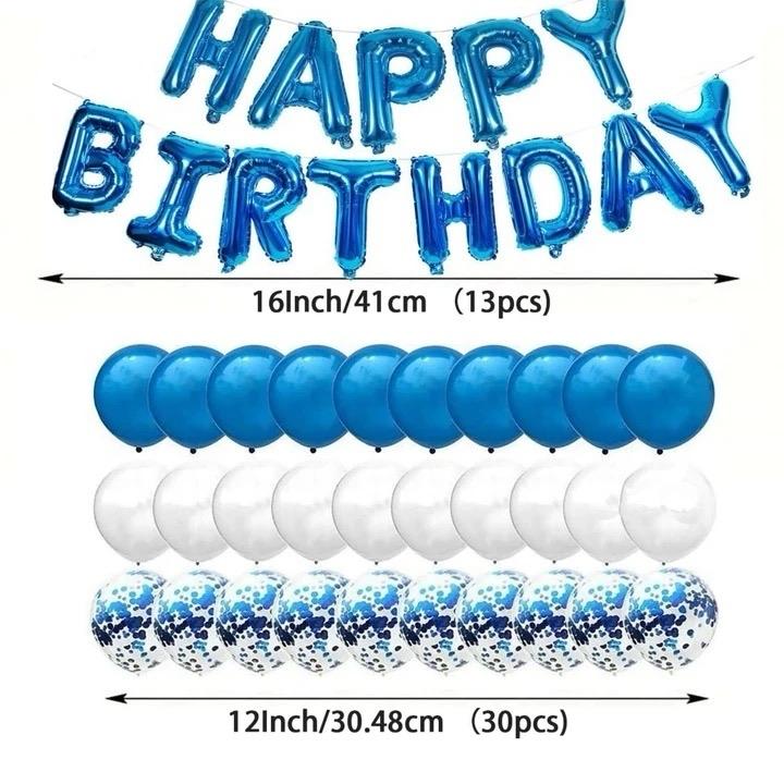 43Pcs Happy Birthday Balloons Set - Blue Foil Letter Balloon 16inch, 12inch Confetti Latex Balloon - Birthday Party Decorations