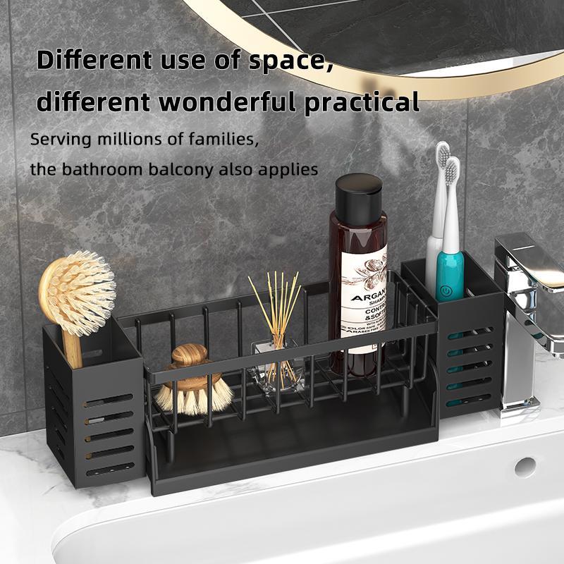 Kitchen Sink Drain Rack, 1 Count Multifunctional Kitchen Sink Sponge Drain Storage Rack with Utensil Holder, Kitchen Storage for Home Bathroom Dormitory