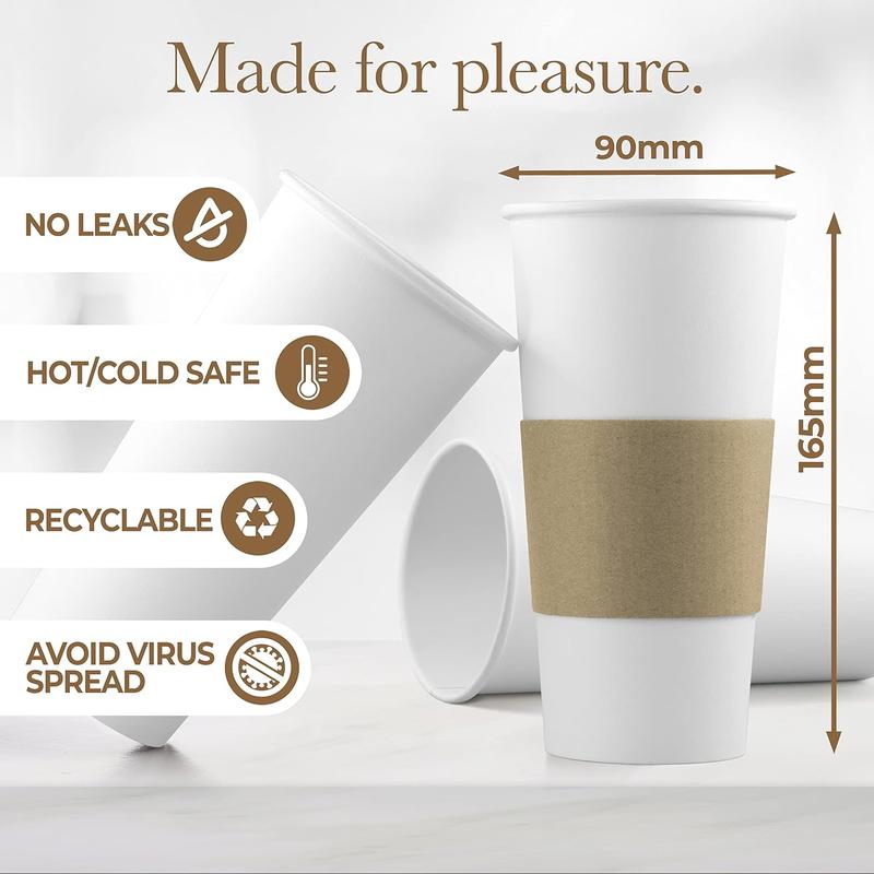 20 Oz Disposable Coffee Cups with Lids and Sleeves for Insulation (50 Pack) - To Go Paper White Coffee Cups for Travel, Hot Beverage Cups for Coffee, Tea, Hot Chocolate for Winter