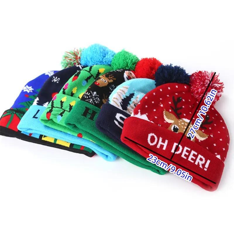 LED Light Up Christmas Pattern Knit Hat, 1 Count Unisex Winter Beanie Hat with Pom Pom, Festive & Party Supplies for Holiday Party