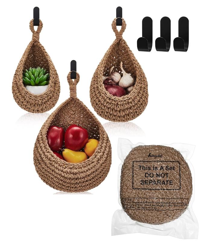 Hanging Baskets, Onion Basket Coat Bohemian Storage Fruit Wall Hooks for Kitchen Wall Home Restaurant Garlic Vegetable Wall Planters, 3 Sizes (Linen)