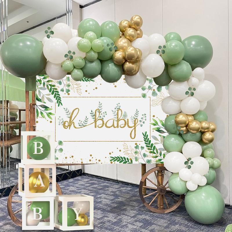 140 PCS Baby Shower Decoration Pack With Sage Green Balloons Garland, 59*40 Inches Oh Baby Backdrop, Baby Balloons Boxes, Eucalyptus Leaves