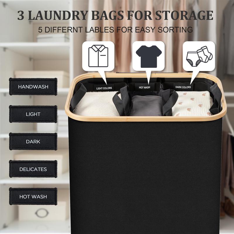 160L Laundry Hamper with Lid, Extra Large 3-Section Laundry Baskets with Bamboo Handles and Removable Laundry Bags, Foldable Clothes Hamper for Bedroom, Bathroom, Laundry Room, Black Organiser