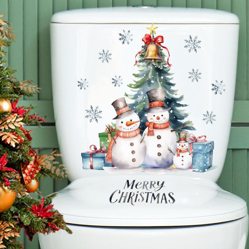 Snowman & Christmas Tree Pattern Toilet Sticker, Self Adhesive Toilet Lid Decal, Bathroom Decoration Supplies, Home Decor