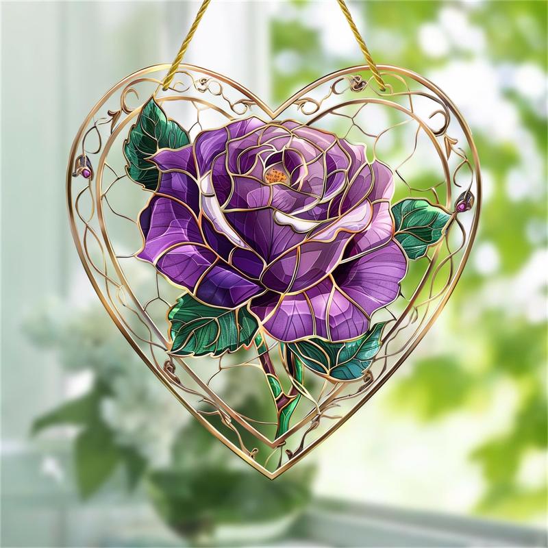 Rose Pattern Hanging Decor, 1 Count Acrylic Heart Shaped Sun Catcher, Hanging Ornament for Home, Ideal Housewarming Gift for Women