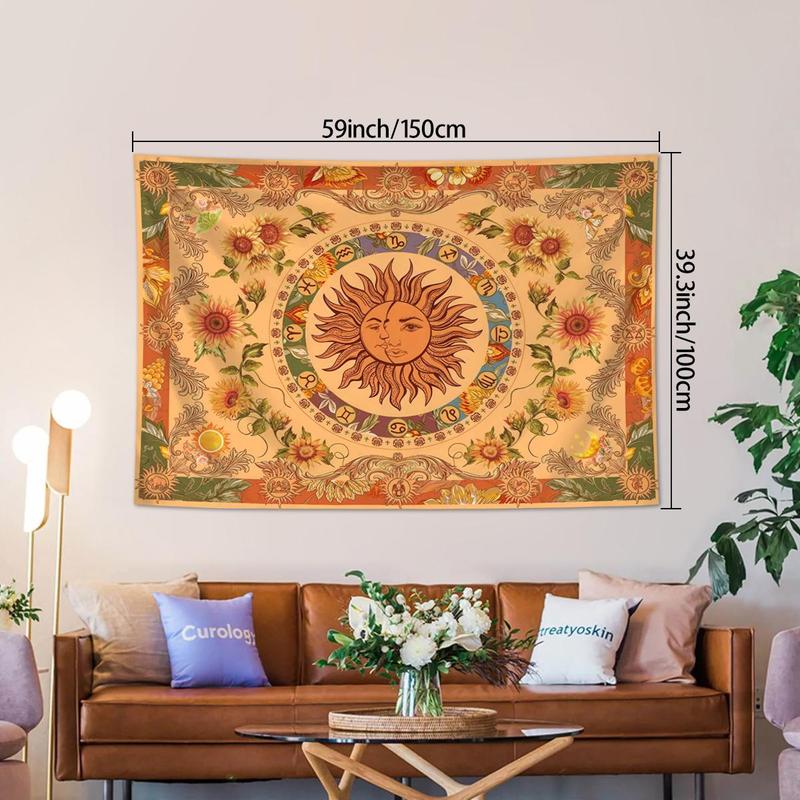 Sun & Moon Pattern Tapestry, 1 Count Retro Ethnic Wave Simia Tapestry,  Aesthetic Wall Hanging for Bedroom Dormitory Living Room Office Decor