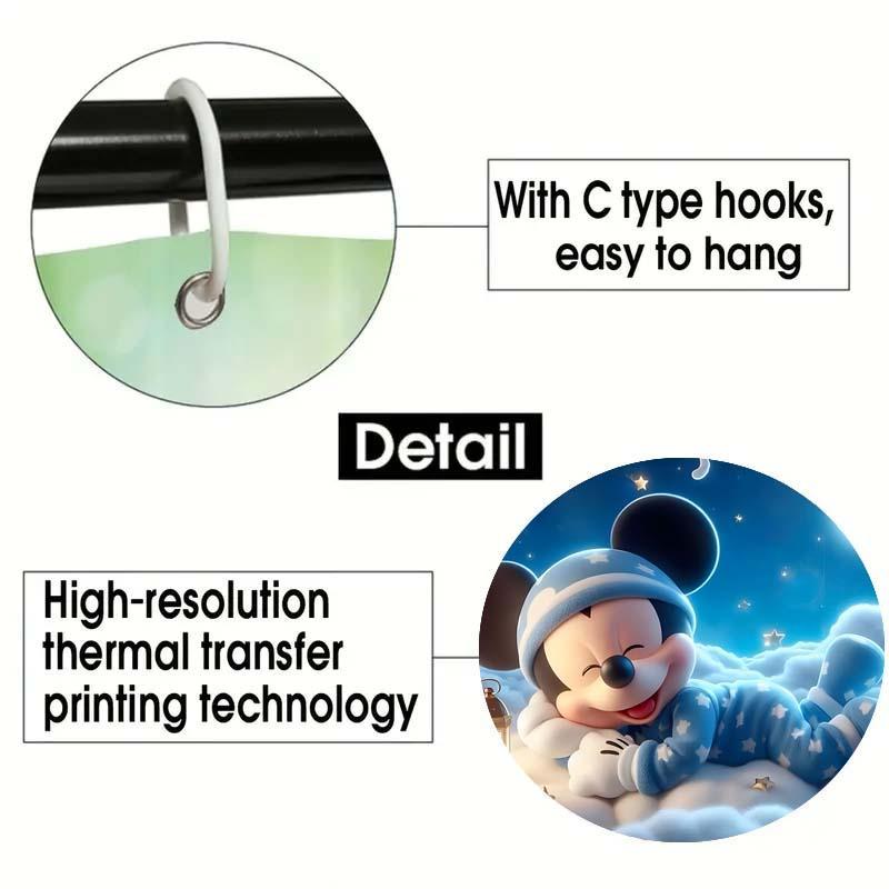 Cartoon Mickey Mouse Pattern Shower Curtain, Waterproof Shower Curtain with 12 Hooks, Bathroom Decor Supplies for Home Hotel Salon Dormitory