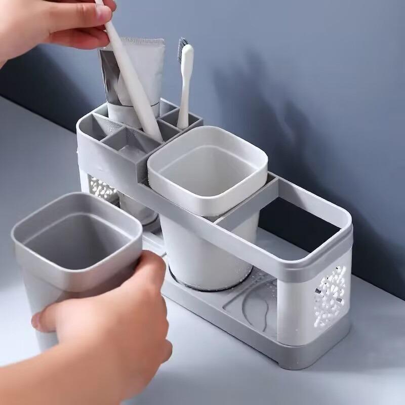 1 Set Bathroom Multi-grid Toothbrush Holder with Two Cup, Multifunctional Mouthwash Cup for Travel, Toothpaste Storage Rack