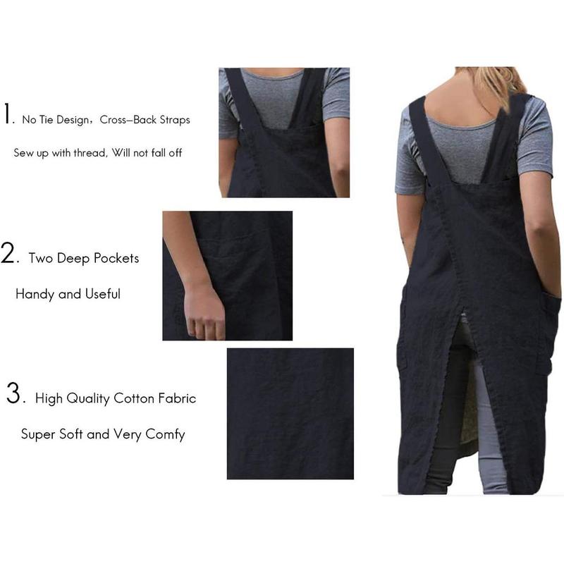 Women’s Pinafore Square Apron Baking Cooking Gardening Works Cross Back Cotton Linen Blend Dress with 2 Pockets