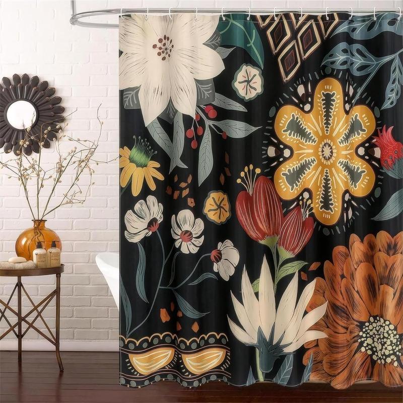 Flower Pattern Waterproof Bath Curtain, Polyester Bohemian Style Bathroom Decorative Curtain, Bathroom Accessories, Bathroom Decor, Home Decor, Bathroom Gadgets 2024, Christmas Decor, Fall Decor, Christmas Gifts, Christmas Decorations