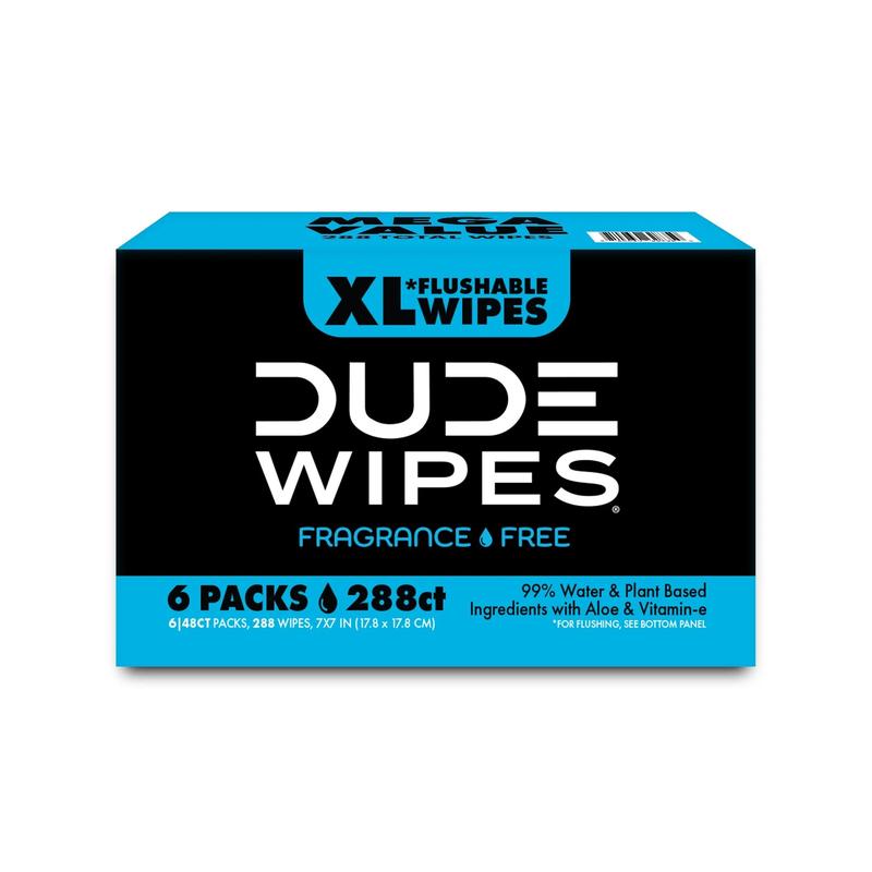 DUDE Wipes Unscented XL Flushable Wipes, 6 Flip-Top Packs Case, 48 Wipes per Pack, 288 Total Wipes Toilet Aloe Vera