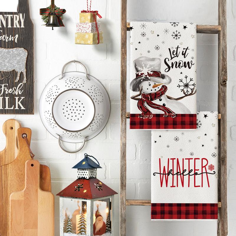 Buffalo Plaid Snowman Winter Kitchen Towels Dish Towels, 18x26 Inch Daily Seasonal Christmas Decoration Hand Towels Set of 2