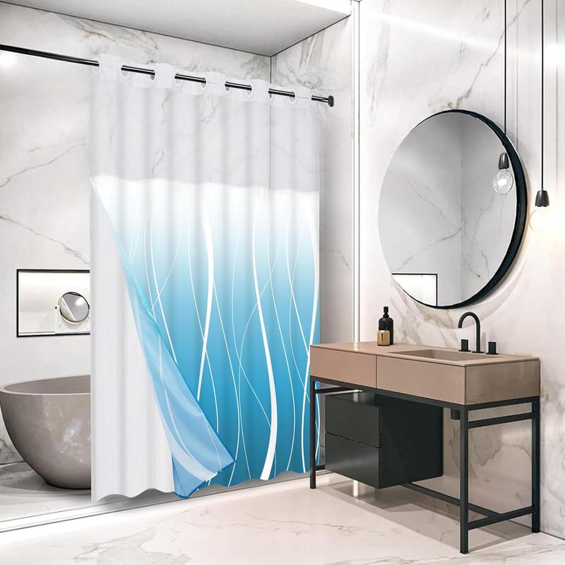 No Hook Shower Curtain with Snap in Liner, Modern Striped Hotel Shower Curtain and Liner Set, Ombre See Through Shower Curtain with Window, Double Layer, Washable