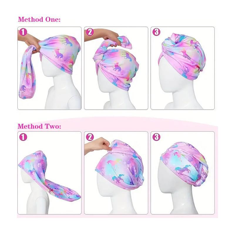 Hair Towel Wrap with Button, 2pcs set Cute Cartoon Pattern Hair Drying Towel, Water Absorbent Hair Towel for Kids