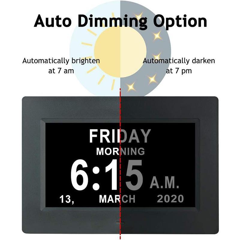 7 Inch Digital Calendar Clock, 1 Count Multi-language Large Day and Month Date Clock for Elderly with Auto-dimming