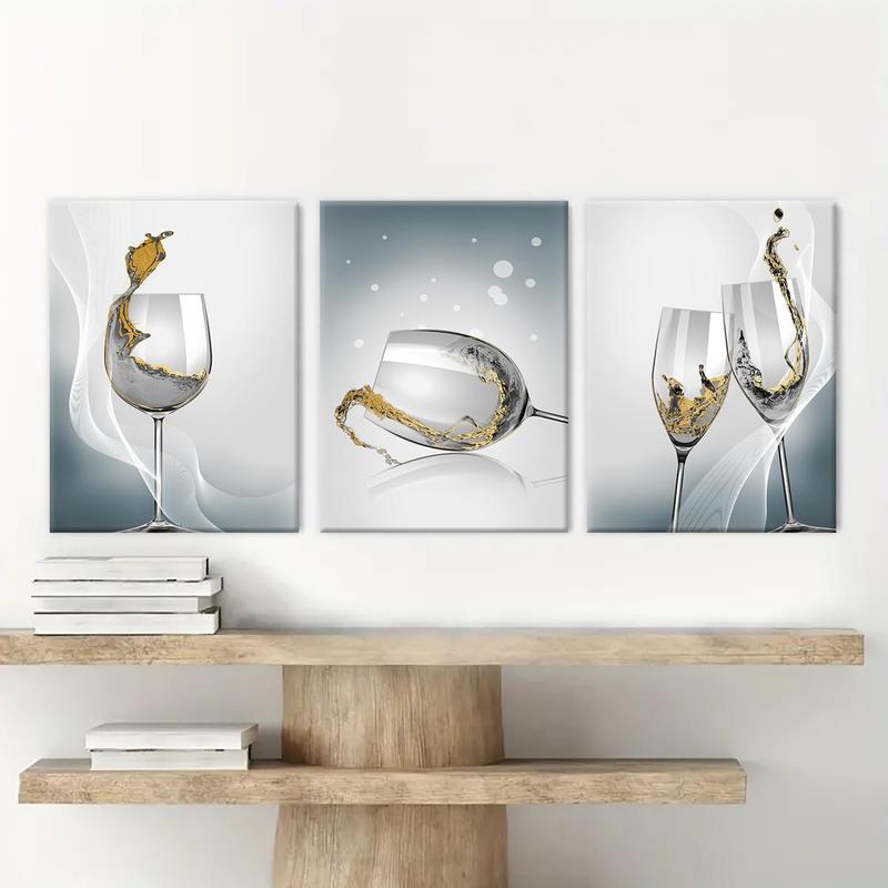 Wooden Framed Canvas Painting, 3 Counts Wine Glass Pattern Wall Art, Modern Art, Perfect Living Room Decor, Home Decoration Poster