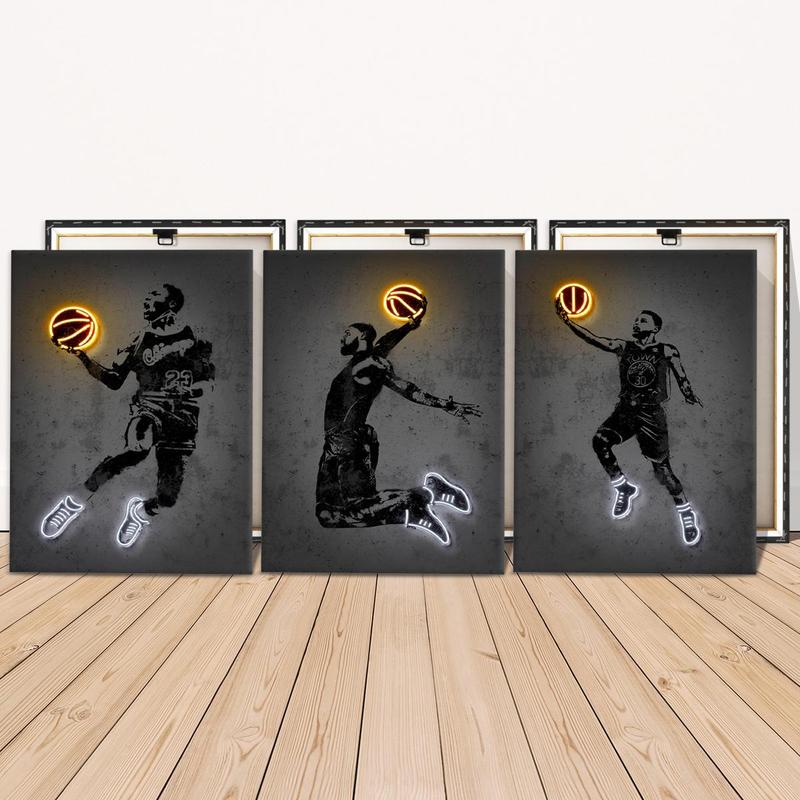 Basketball Player Pattern Canvas Painting with Frame, 3 Counts Basketball Fan Poster Canvas Art, Wall Art Decor for Home Living Room Bedroom Office, Wall Art Painting Room Decor