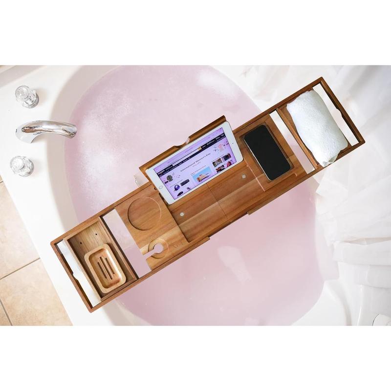 XcE Foldable Bathtub Tray Expandable to 105cm for Luxury Bath, Bath Tray for Bathtub (Acacia Wood)