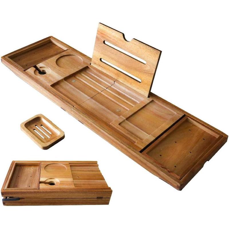 XcE Foldable Bathtub Tray Expandable to 105cm for Luxury Bath, Bath Tray for Bathtub (Acacia Wood)