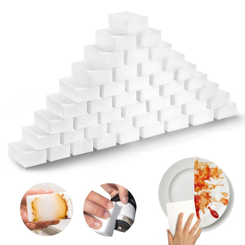 50 pack magic cleaning sponges. Premium melamine foam. For kitchen, bathroom. Multi-purpose. Dishwashing. Thick. Universal cleaner. Soap.