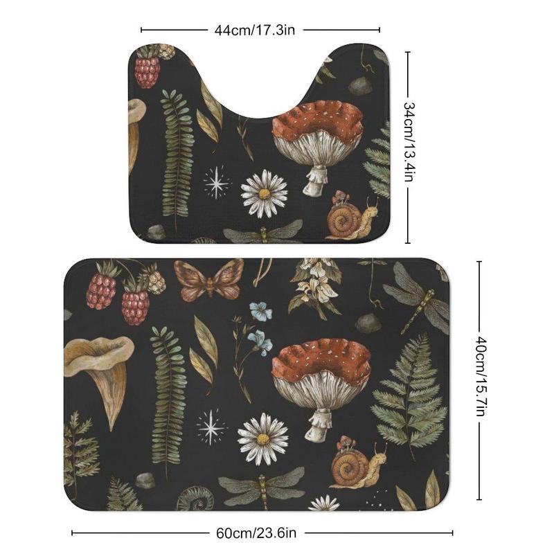 Soft Bathroom Mat, 2 Counts Mushroom Fern Forest Botanical Pattern Bathroom Mat, Non-slip Bath Mat, Absorbent Microfiber Bathroom Mat, Bathroom Accessories