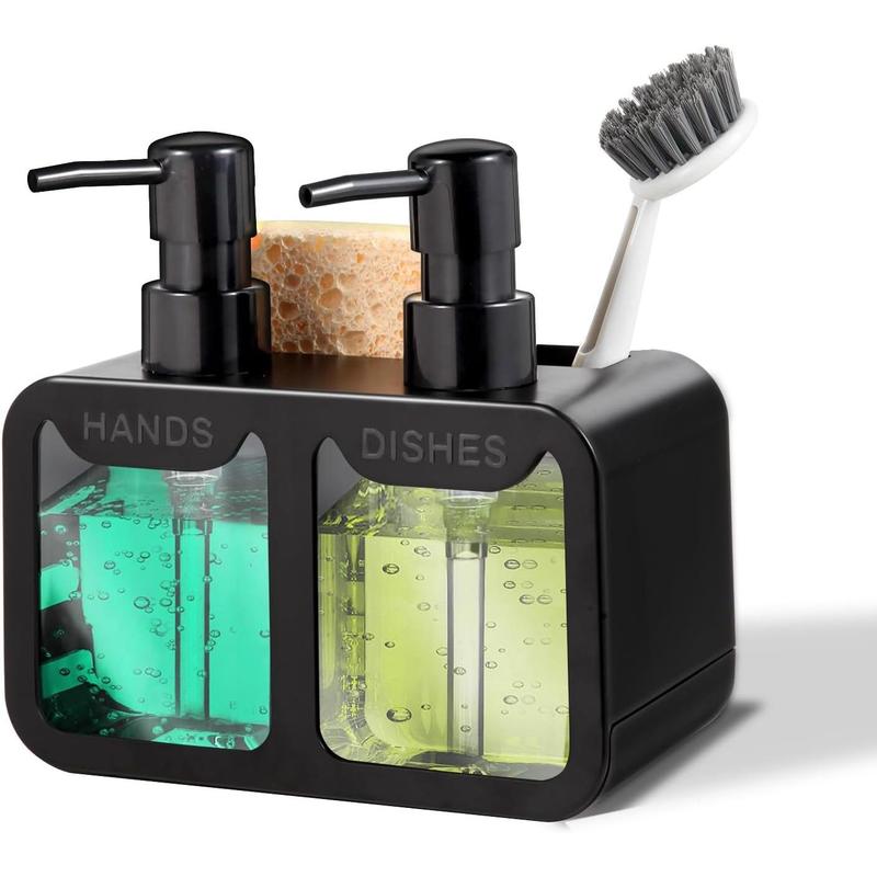 Kitchen Soap Dispenser Set, with Hand and Dish Soap, Sponge Caddy and Brush Holder 4-in-1 Kitchen Dual Soap Dispenser Set for Kitchen Sink, Bathroom - Black