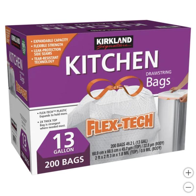 Kirkland Signature Flex-Tech 13-Gallon Kitchen Trash Bag, 200-count, New.