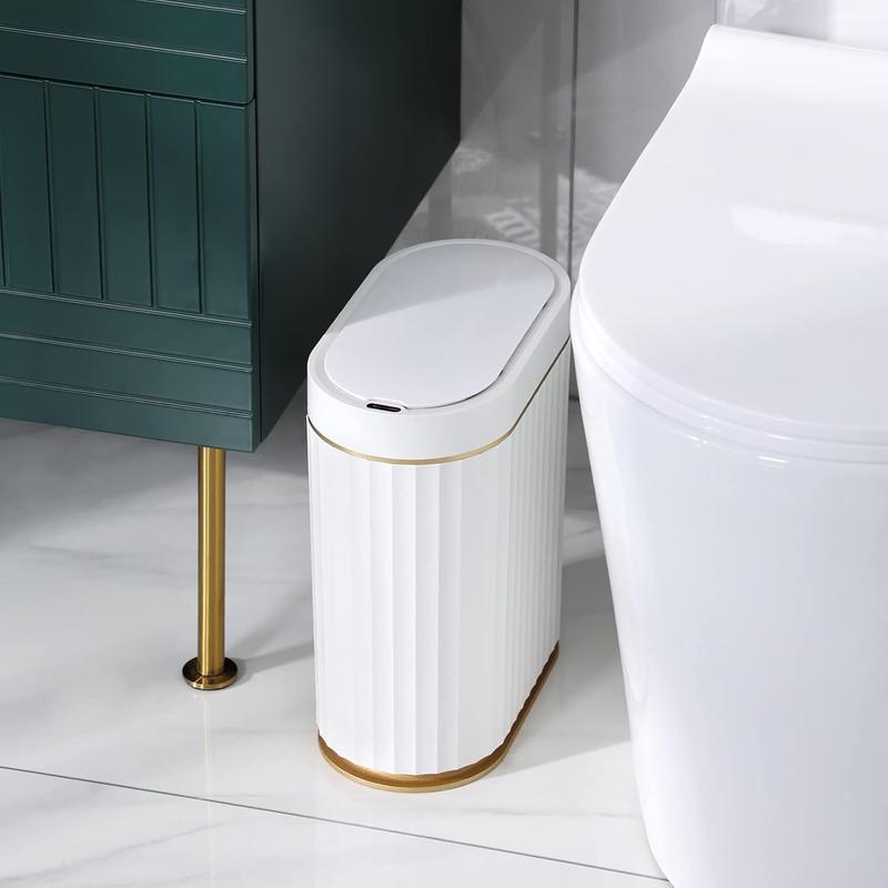 ELPHECO Automatic Motion Sensor Trash Can - 2 Gallon Slimline for Bathroom, Bedroom, Kitchen, Office - White with Gold Trim