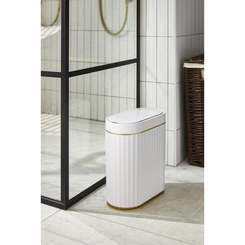 ELPHECO Automatic Motion Sensor Trash Can - 2 Gallon Slimline for Bathroom, Bedroom, Kitchen, Office - White with Gold Trim