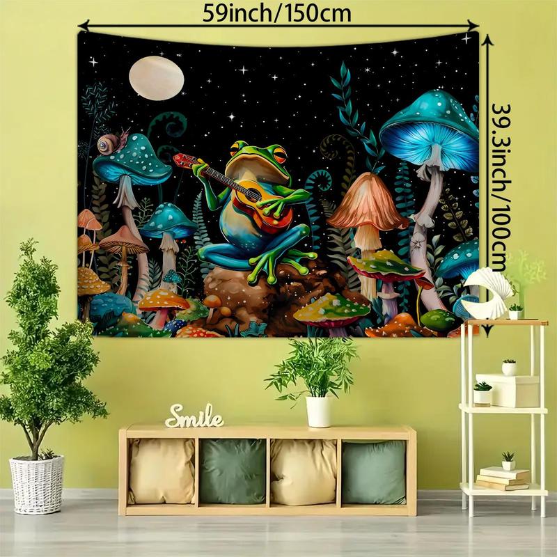 Frog & Mushroom Pattern Tapestry, 1 Count Wall Hanging Blanket with Installed Accessory, Wall Art Decor for Home Living Room Bedroom