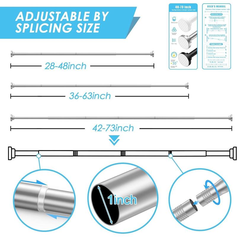 Shower Curtain Rod 42 to 73 Inches, Stainless Steel Shower Curtain Rods Spring Tension, Heavy Duty Tension Rod No Rust Shower Curtain Rod Tension, Shower Curtain Rods for Bathroom or Windows