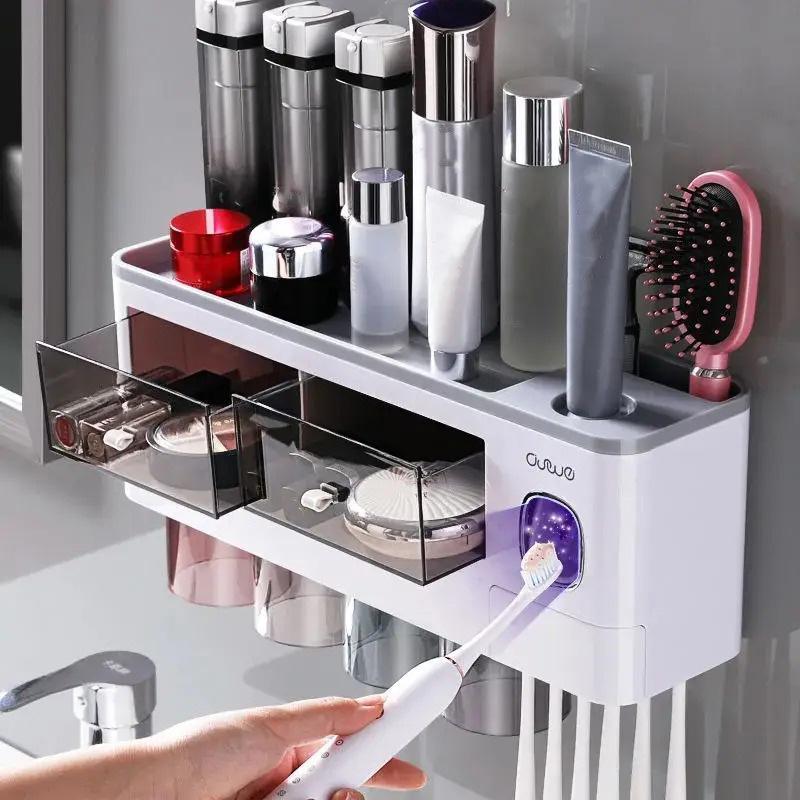 Magnetic Adsorption Inverted Toothbrush Holder, 1 Set Automatic Toothpaste Dispenser Squeezer Storage Rack, Bathroom Accessories