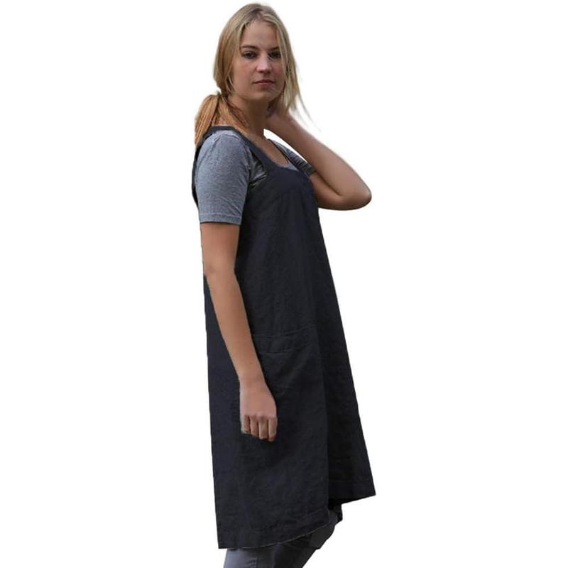 Women’s Pinafore Square Apron Baking Cooking Gardening Works Cross Back Cotton Linen Blend Dress with 2 Pockets