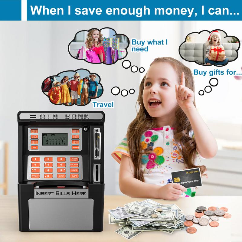 ATM Piggy Bank for Kids for Real Money Safe with Debit Card, Coin Recognition,Bill Feeder,Balance Calculator, Digital Electronic Kids Piggy Bank Boalord for Boys Girls Decor Ornaments